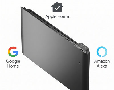 Radiateur électrique connecté noir compatible Google Home, Apple Home et Alexa pour maison et appartement.