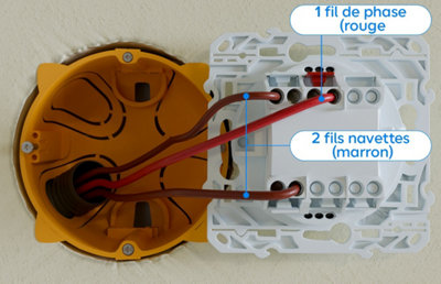Zoom interrutpeur et fils fil de phase rouge et 2 fils navette marron