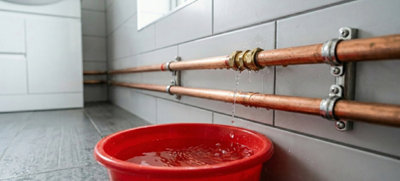 Illustration d'une fuite d'eau sur un raccord d'une alimentation d'eau d'une salle de bains