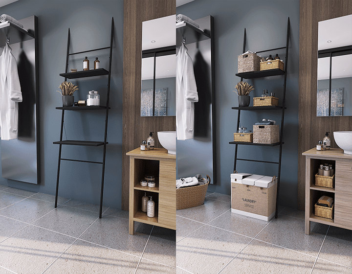 Photo avant après avec accessoires de rangement sur  échelle de salle de bain
