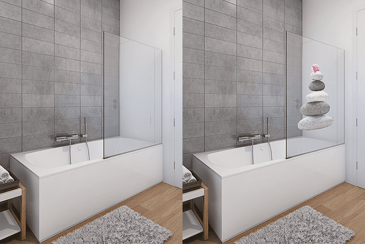 Avant après pare baignoire classique puis a droite avec un stickers décoratif