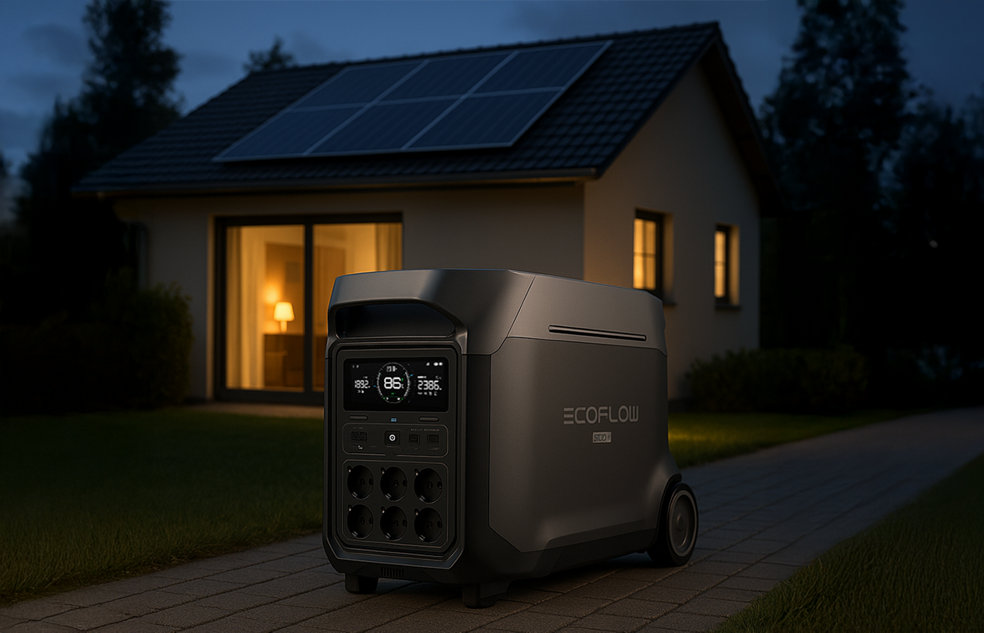 Une batterie devant une maison éclairée la nuit