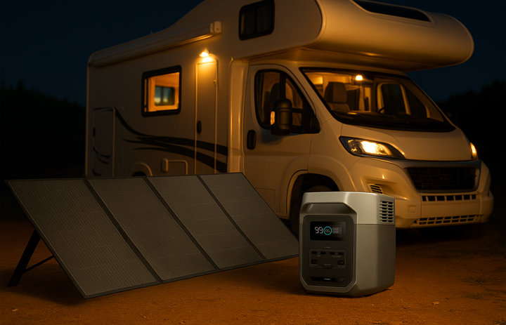 Photo d'un camping car alimenté grâce à des panneaux solaires et une batterie