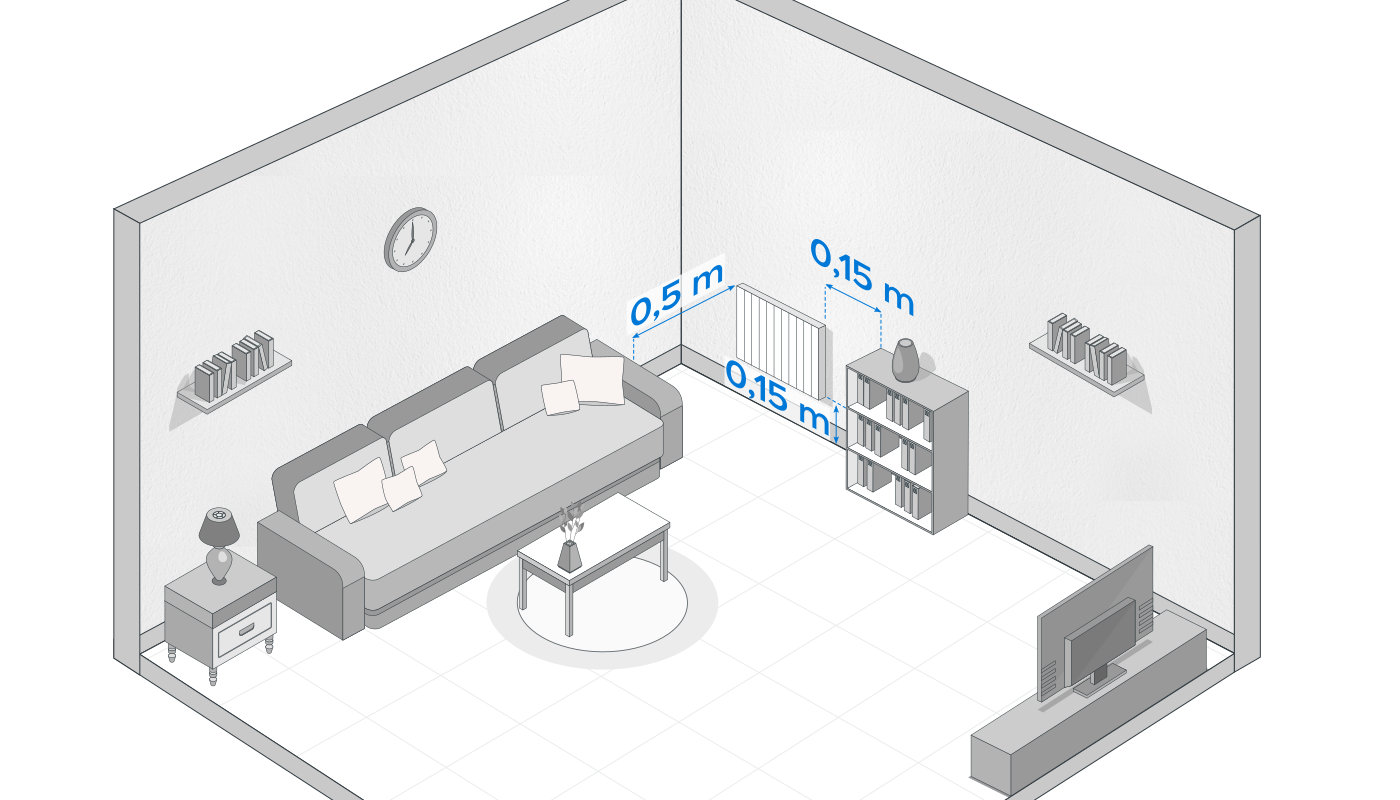 Schéma salon avec limite  de distance avec radiateur en mètre