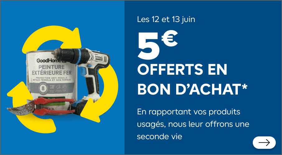 Les 12 et 13 juin, 5 € offerts en bon d’achat en rapportant vos produits usagés, nous leur offrons une seconde vie
