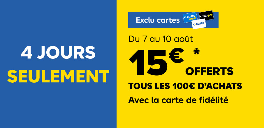 Exclu cartes, du 7 au 10 aout 15€ offerts tous les 100€ d’achats en carte et e-carte cadeau. Voir tout
