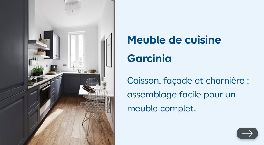 Meuble de cuisine Garcinia. Caisson, façade et charnière : assemblage facile pour un meuble complet.