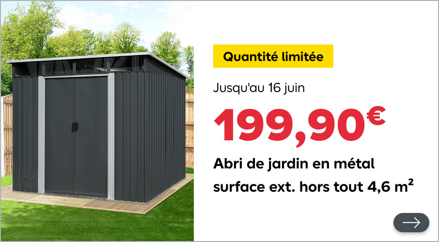199,90€ Abri de jardin en métal surface ext. hors tout 4,6 m².Découvrir