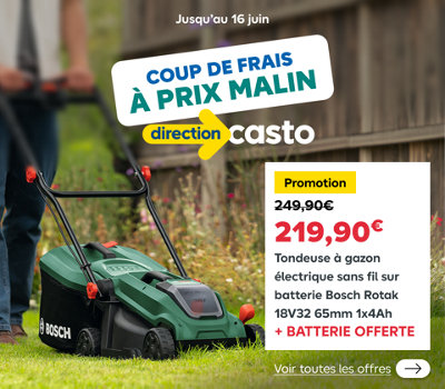 Promotion 219,90 €  la tondeuse à gazon électrique sans fil sur batterie Bosch Rotak 18V 32 65mm avec batterie offerte. Découvrir