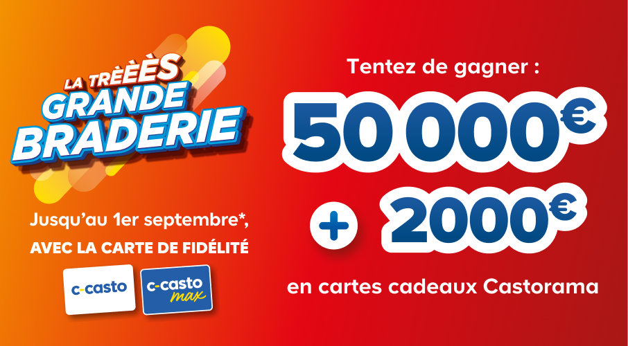 La très grande braderie, jusqu’au 1er septembre, avec la carte de fidélité, tentez de gagner 50 000 + 2000 € en cartes cadeaux Castorama