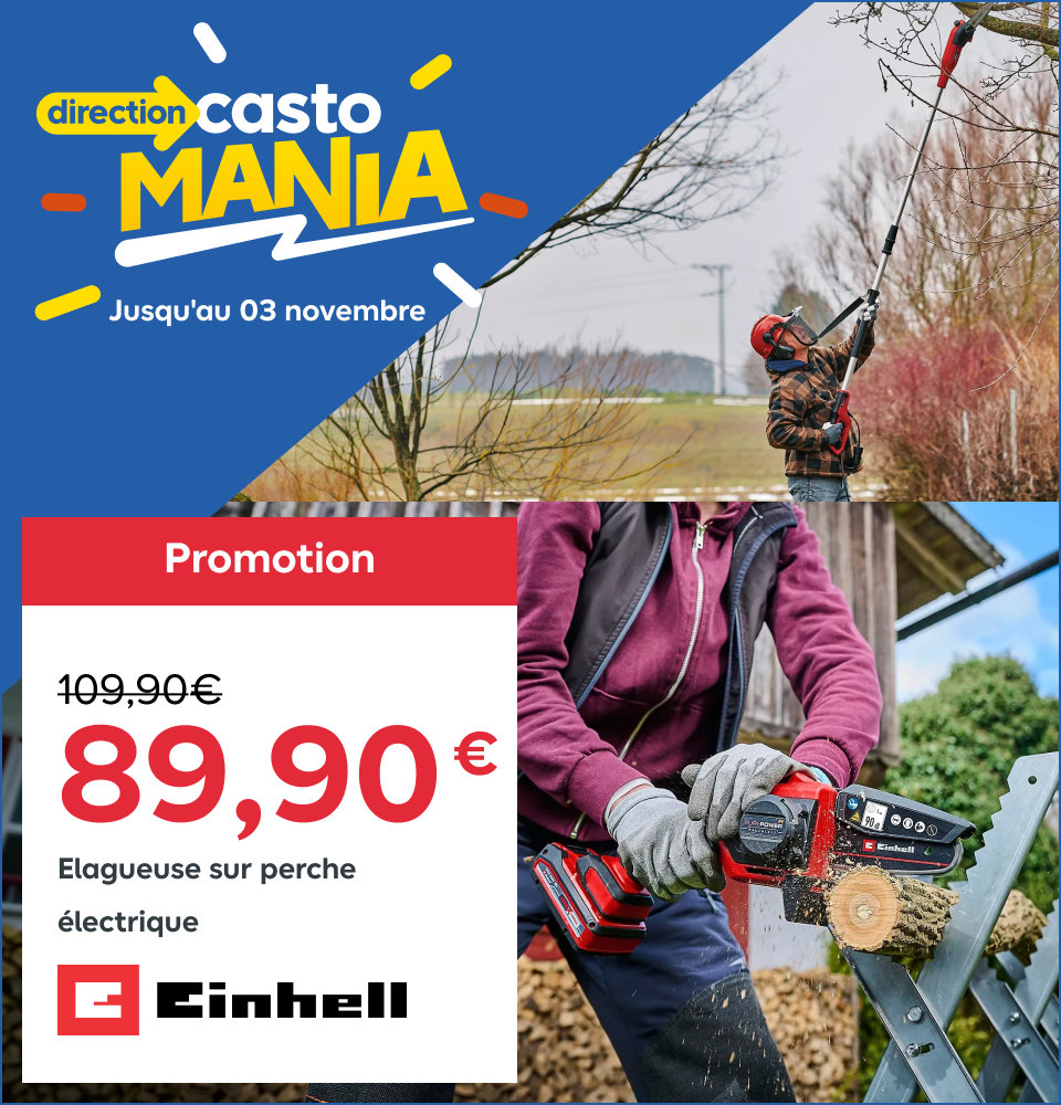 Direction Castomania, jusqu'au 3 novembre, des prix complètement fou. 89,90€ Elagueuse sur perche électrique Einhell