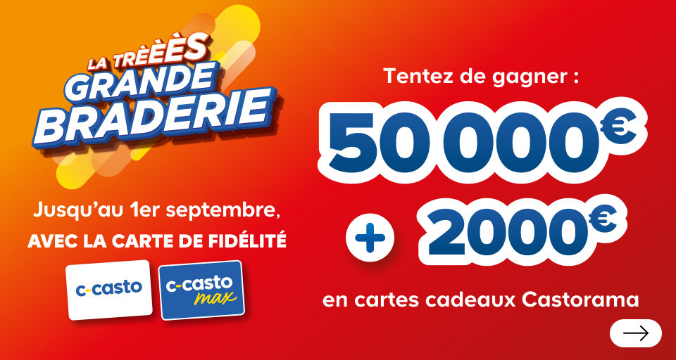 La très grande braderie, jusqu’au 1er septembre, avec la carte de fidélité, tentez de gagner 50 000 + 2000 € en cartes cadeaux Castorama