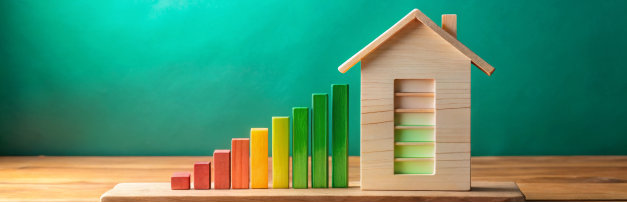 Maison en bois avec blocs colorés sur fond naturel