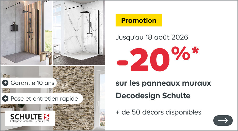 Promotion, jusqu'au 18 août 2026 20 %  sur les panneaux muraux decodesign Schulte + de 50 décors disponibles. Profitez-en