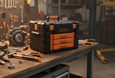 Une boîte à outils sur un atelier dans un garage