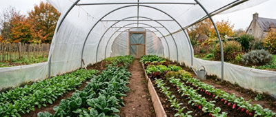 Vue intérieure d'une serre tunnel de jardin en novembre, avec des planches de légumes d'hiver (épinards, radis, salades) en Bretagne.