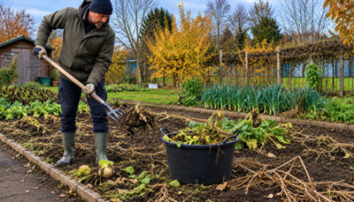 Travaux du potager en novembre : ramassage des fanes et nettoyage des parcelles avant l'hiver.