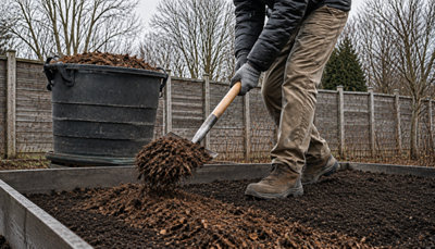 Jardinage en novembre : paillage des carrés potagers avec des feuilles mortes hachées pour protéger la terre du froid.