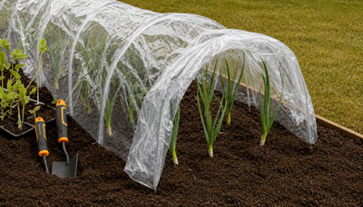 Jardinage en novembre : installation d'un tunnel plastique de forçage pour protéger les plantations du potager du gel.