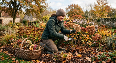 Jardinière taillant un hortensia en automne dans un jardin en novembre, avant l'hiver.