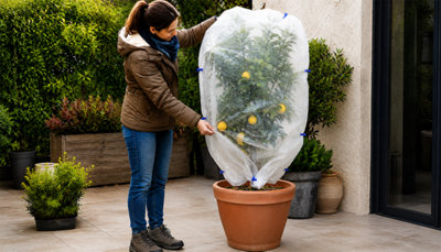 Femme en veste d'hiver installant une bâche d'hivernage sur un citronnier en pot en terrasse, France, pour protéger du gel et de la neige.