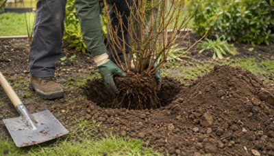Plantation d'un arbuste à racines nues en pleine terre en novembre en France pour le calendrier du jardin.