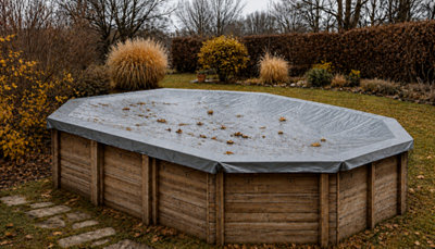 Hivernage piscine en bois en novembre : bâche de protection installée dans un jardin en France.