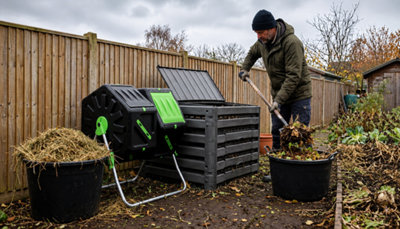 Jardinier en France mélangeant compost et feuilles mortes en novembre pour préparer le sol, près d'un bac et d'un composteur rotatif.