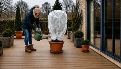 Protéger les plantes du gel en novembre : arrosage et pose d'un voile d'hivernage sur une terrasse.