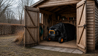 Hivernage du matériel de jardinage en novembre : tracteur tondeuse protégé sous une housse dans un abri.