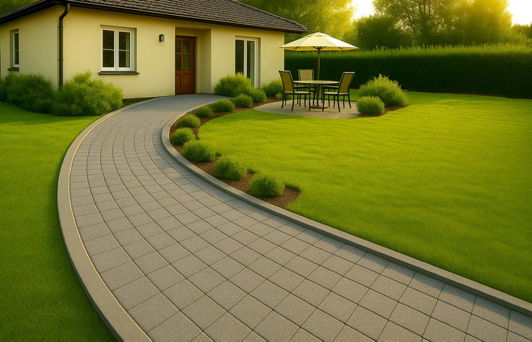 Une allée de type rampe pour rejoindre la maison