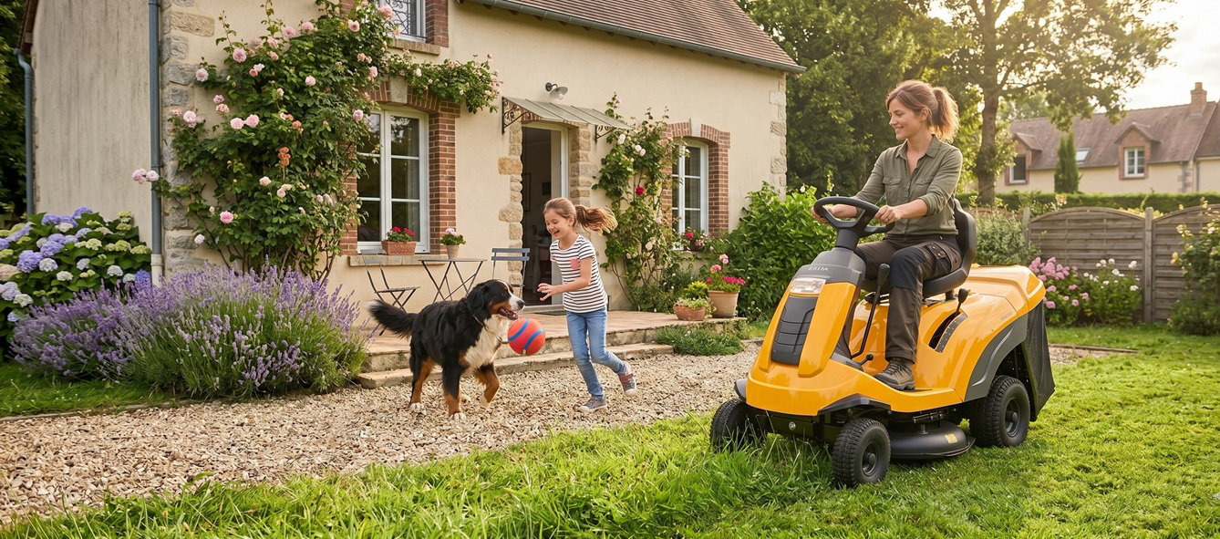 Une femme sur une tondeuse atoportée dans son jardin