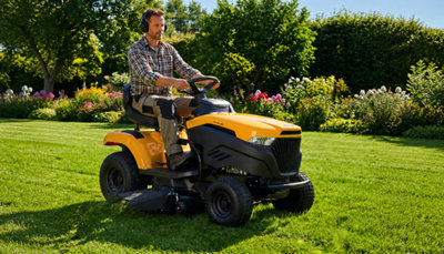 Un homme tond sa pelouse sur son tracteur
