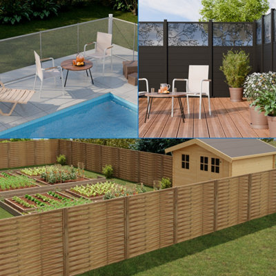 Montage de 3 images illustrant des espace clos comme une piscine, une terrasse et un potager