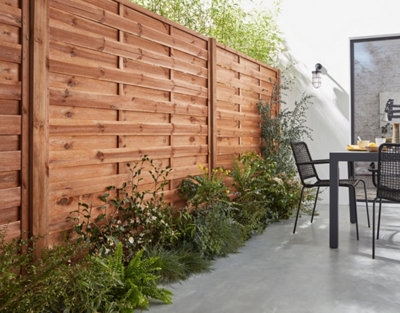 Des panneaux de jardin en bois clôturent une terrasse