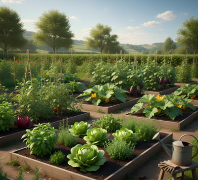 Plusieurs carrés potager dans un grand jardin
