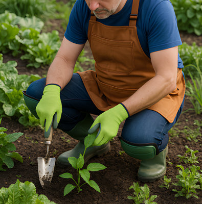 Un homme équipé de tablier, gants et bottes dans un potager