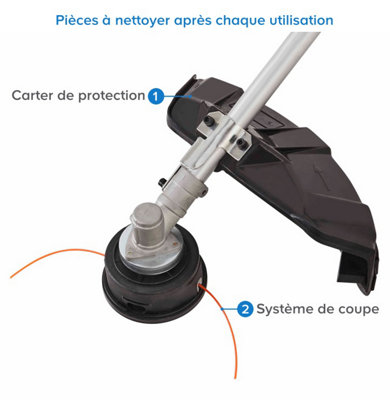 Après chaque utilisation, il est nécessaire de nettoyer votre débroussailleuse pour éliminer les débris de végétaux.