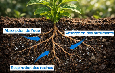 Illustration de l'absorption de l'eau et des nutriments