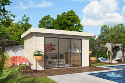 Arbi de jardin bois devant piscine aménagé en salon