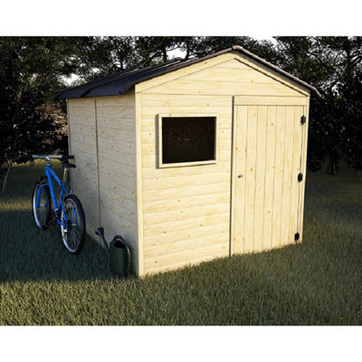 Abri de jardin en bois sur l'herbe avec vélo bleu posé sur le côté