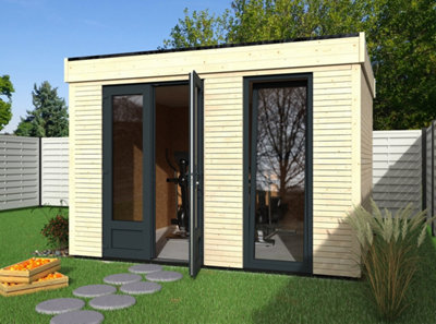 Abri de jardin avec porte vitrée ouverte et machine de sport à l'intérieur