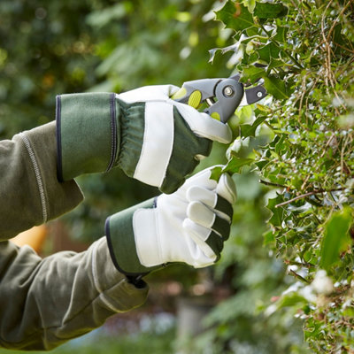 Taille d'un arbre fruitier avec des gants