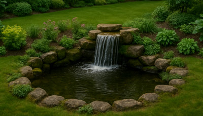 Un jardin avec un plan d'eau et une fontaine