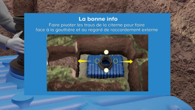 Une fois le réservoir au fond de la fosse, faites pivoter les trous de la citerne afin de les orienter en direction de la gouttière et du regard de raccordement externe