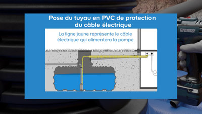 Posez ensuite le tuyau en PVC de protection du câble électrique qui alimentera la pompe à l’intérieur du réservoir