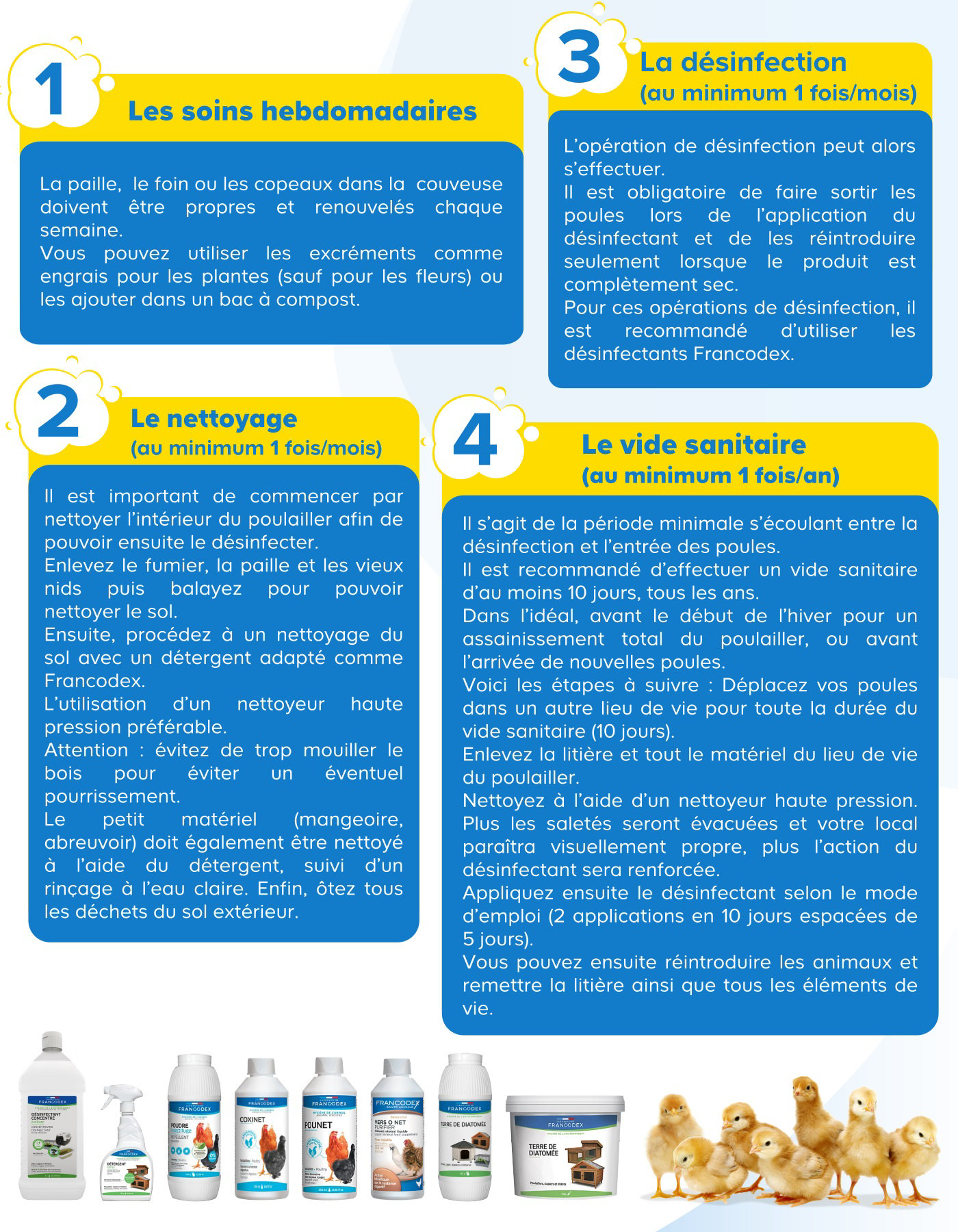 Enfin, pour un entretien parfait, veillez à effectuer un vide sanitaire une fois par an. Objectif ? Nettoyer l’intégralité du poulailler.