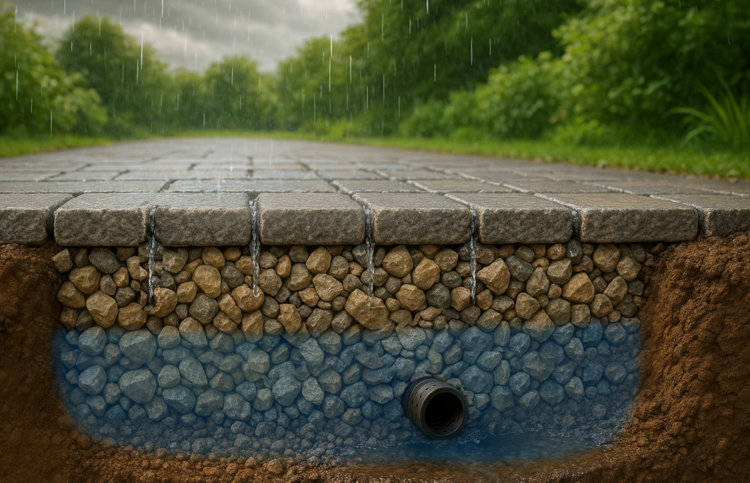 Schéma de coupe d'une allée en pavés et un drain