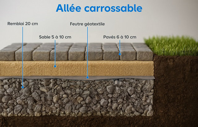 Scéma de coupe d'une allée carrossable
