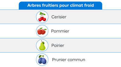 Tableau récapitulatif des arbres fruitiers compatibles avec un climat froid